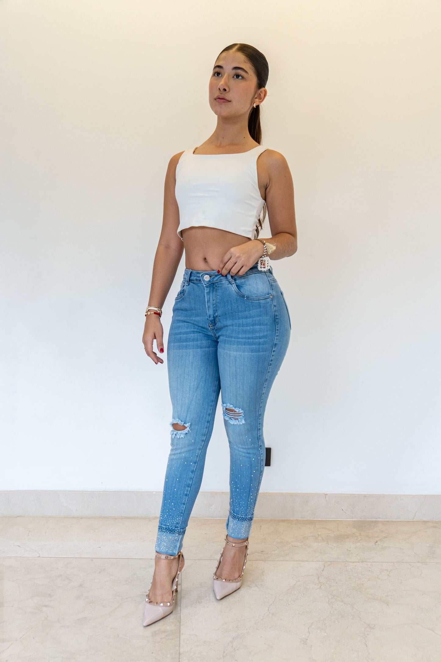 Jeans Skinny clarito Brillos- Tela Strech