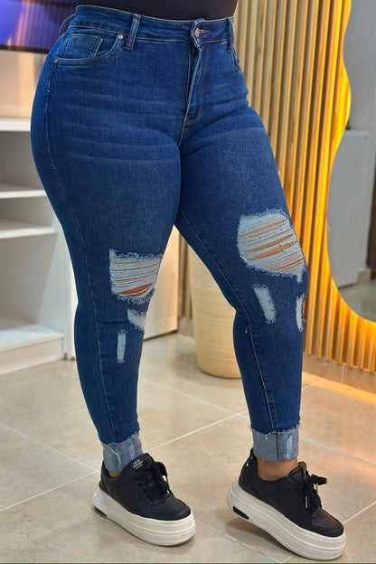Jeans Skinny Azul Rotos- Tela Strech