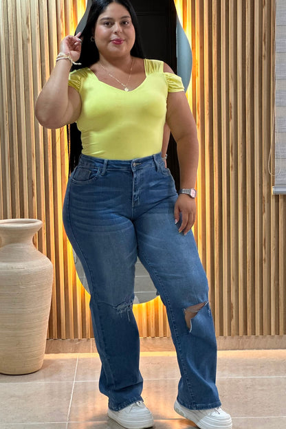 Jeans Bota Recta Rotos - Tela Strech