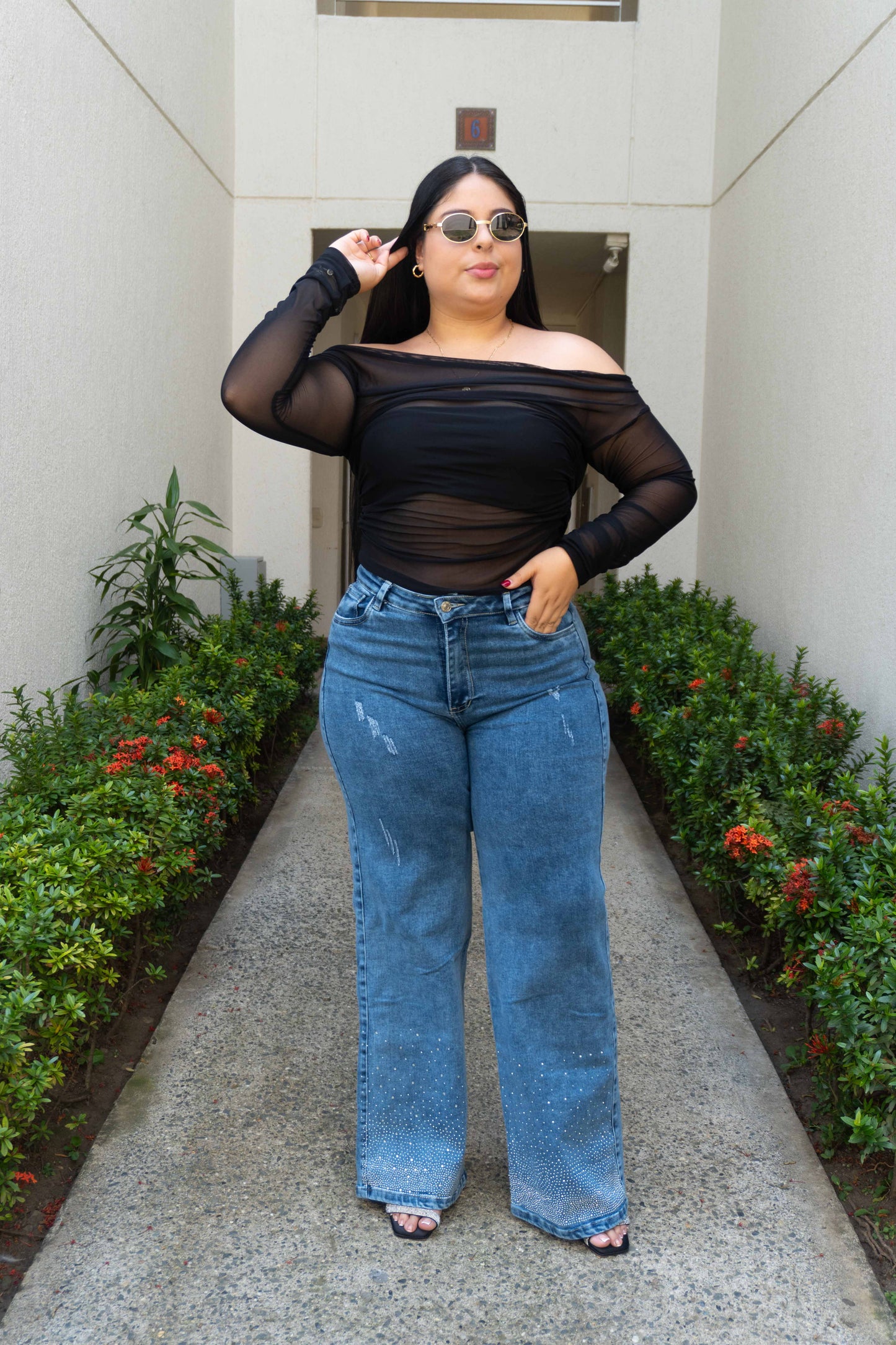 Wide Leg Brillos Bota - Tela Strech