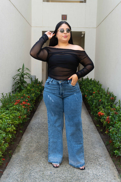Wide Leg Brillos Bota - Tela Strech