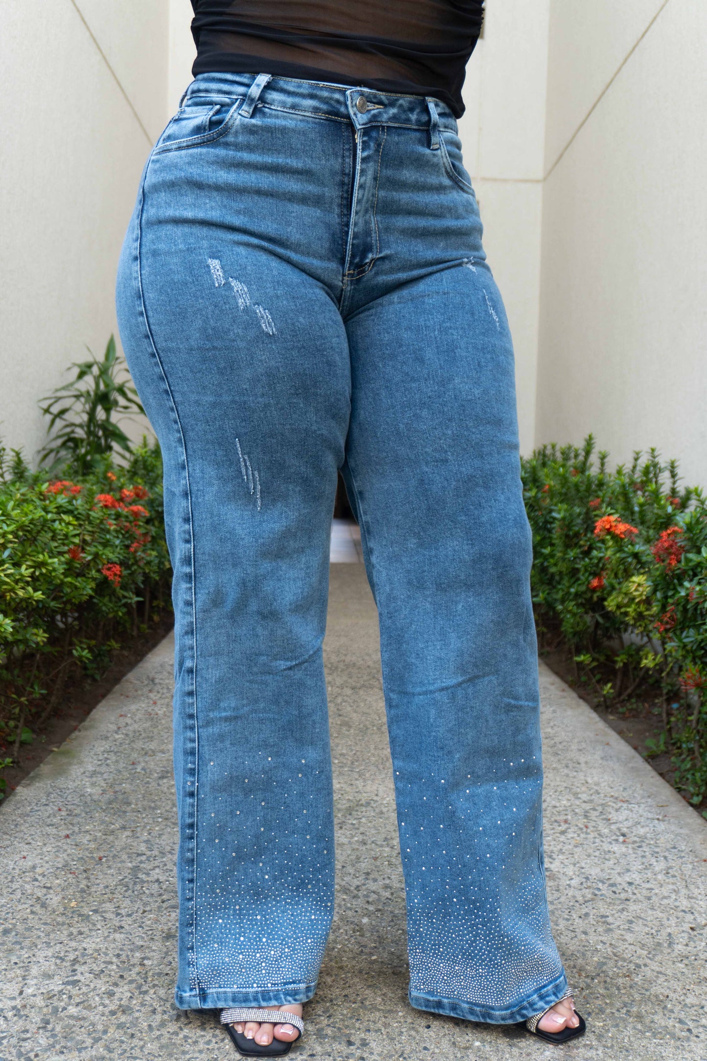 Wide Leg Brillos Bota - Tela Strech