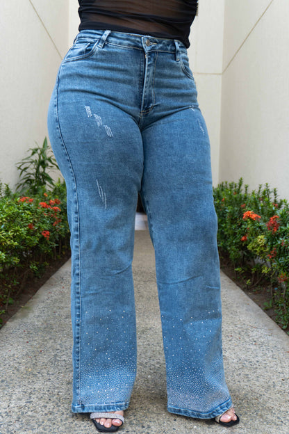Wide Leg Brillos Bota - Tela Strech