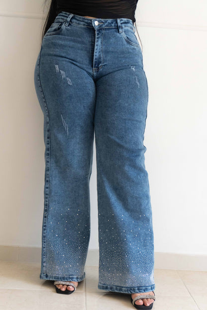 Wide Leg Brillos Bota - Tela Strech