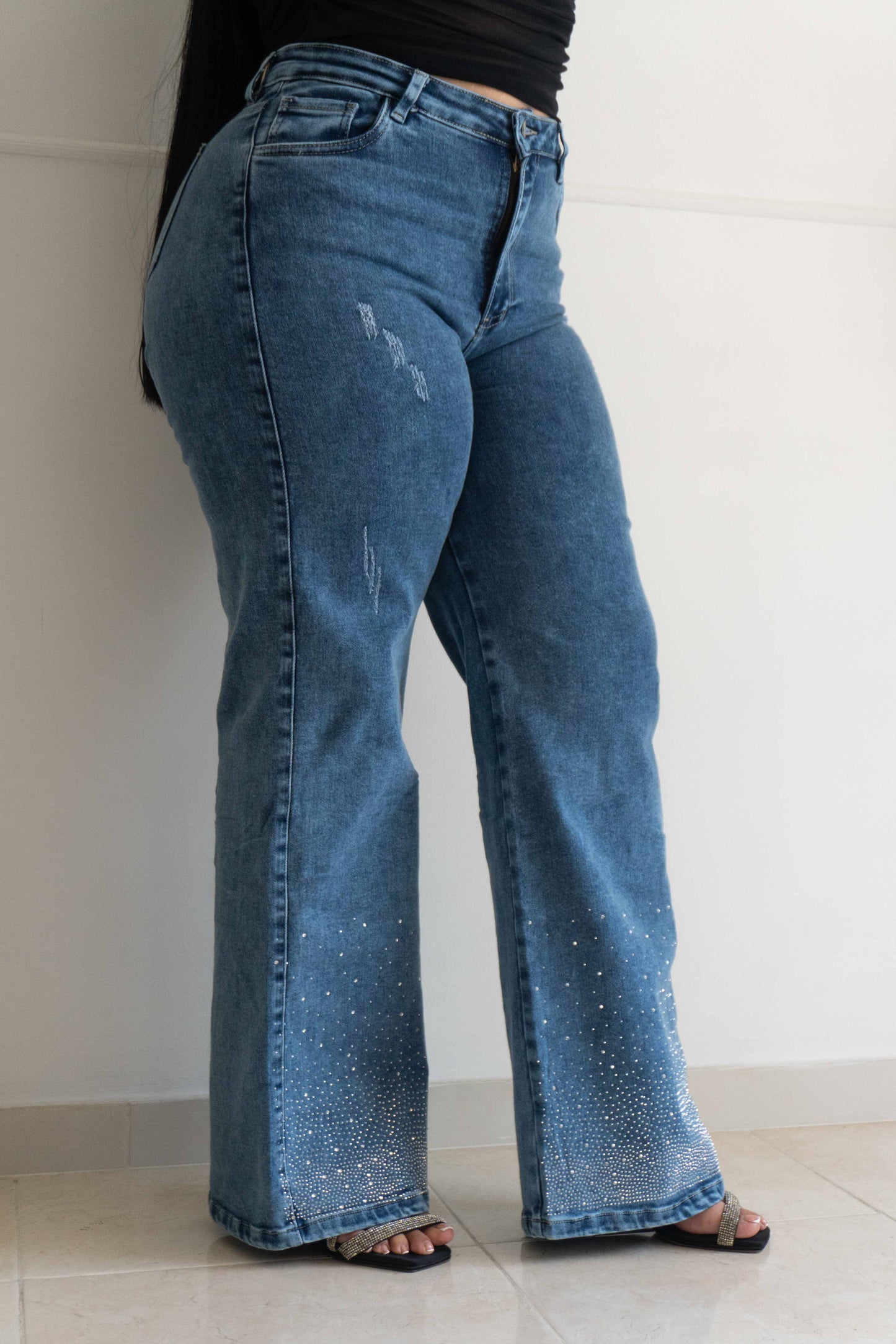 Wide Leg Brillos Bota - Tela Strech