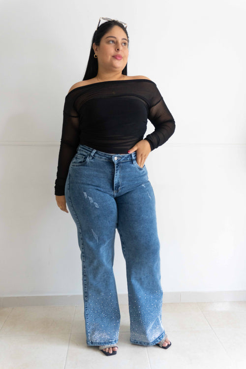 Wide Leg Brillos Bota - Tela Strech