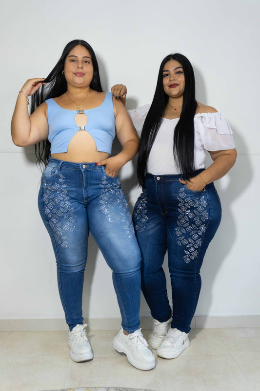 Jeans Skinny Brillos Flor- Tela Strech