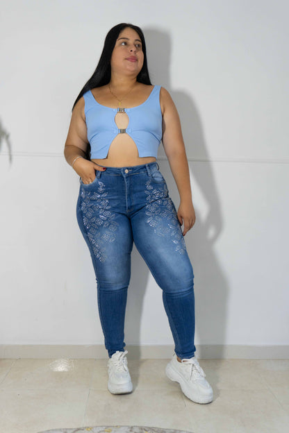 Jeans Skinny Brillos Flor- Tela Strech