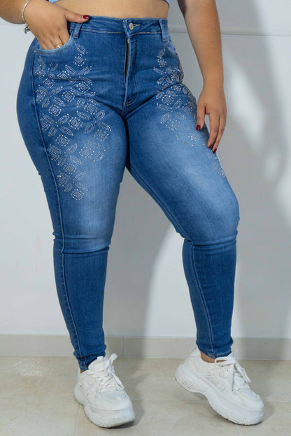 Jeans Skinny Brillos Flor- Tela Strech
