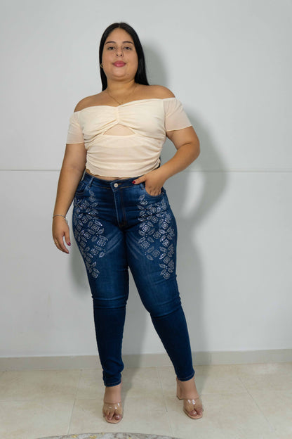 Jeans Skinny Brillos Flor- Tela Strech