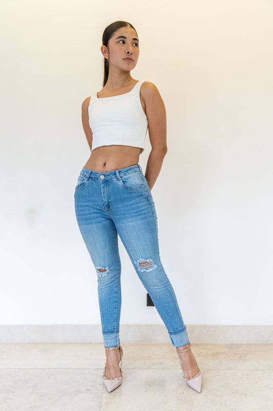 Jeans Skinny clarito Brillos- Tela Strech