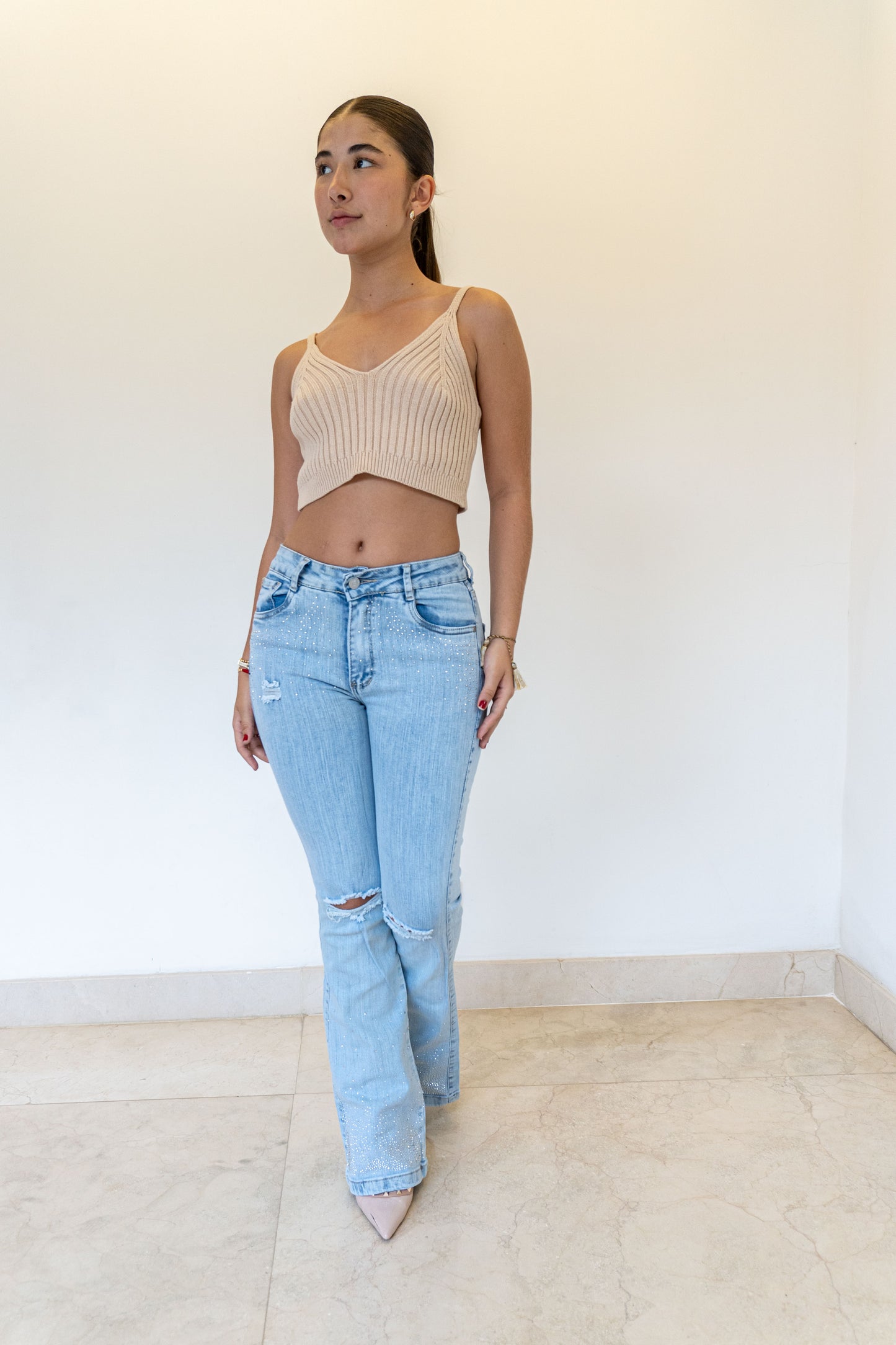 Bota Ancha Clarito Brillos- Tela Strech