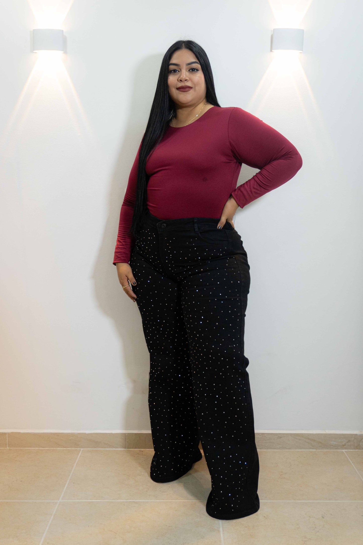 Wide Leg Negro Brillos - Tela Strech