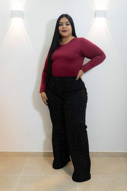 Wide Leg Negro Brillos - Tela Strech