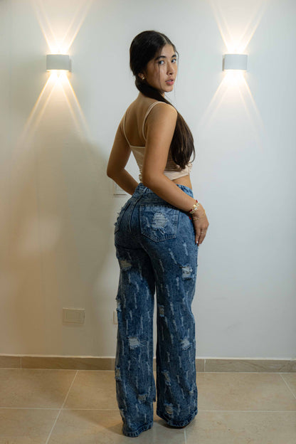 Wide leg Brillos y Rotos- Tela Rigida