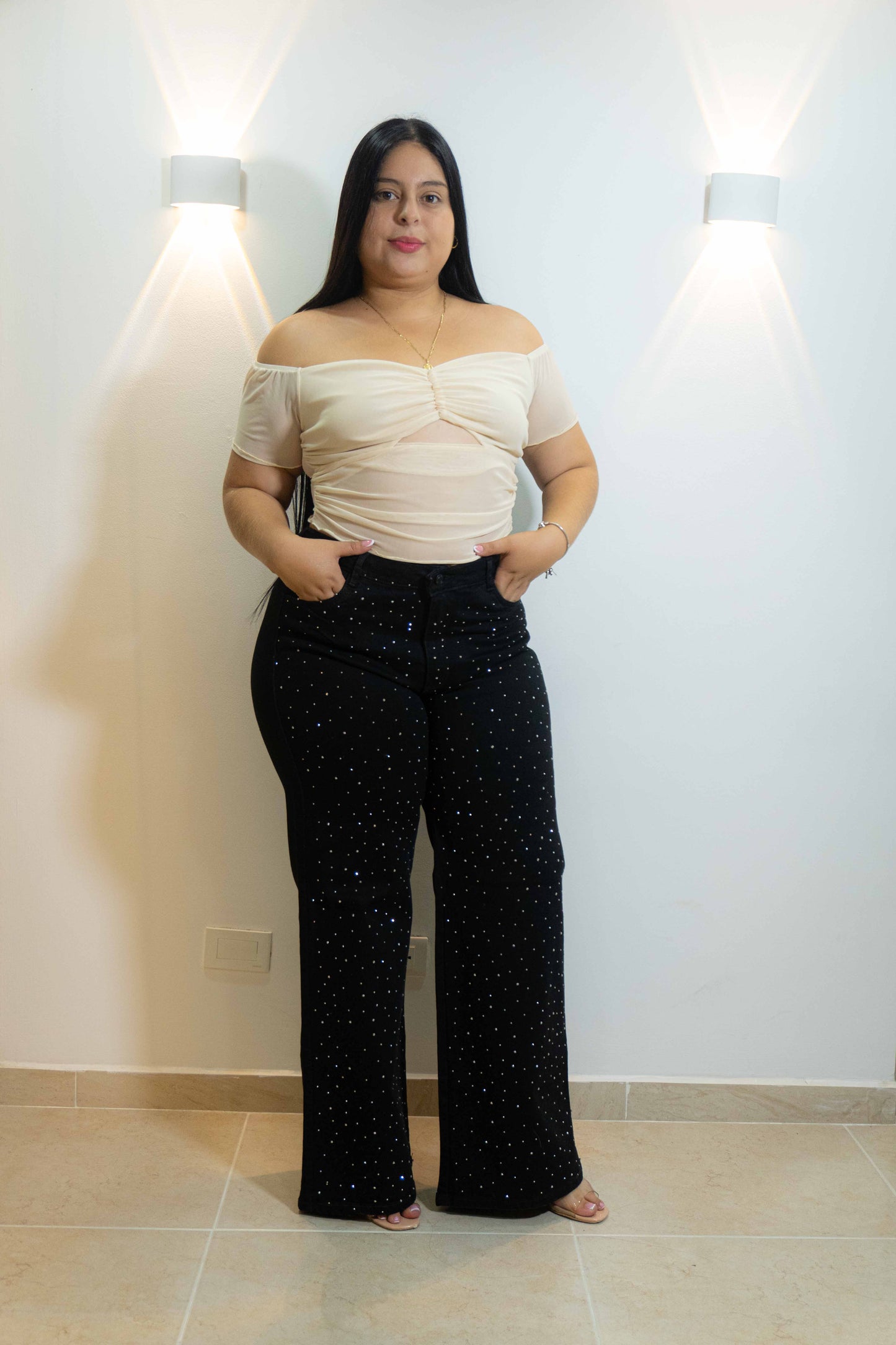 Wide Leg Negro Brillos - Tela Strech