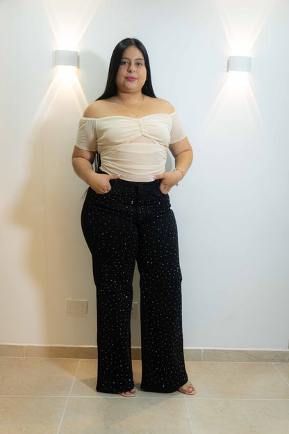 Wide Leg Negro Brillos - Tela Strech