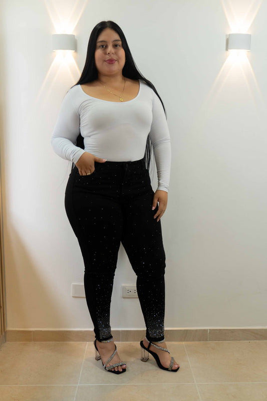 Jeans Negro Brillos en Bota - Tela Strech Premiún