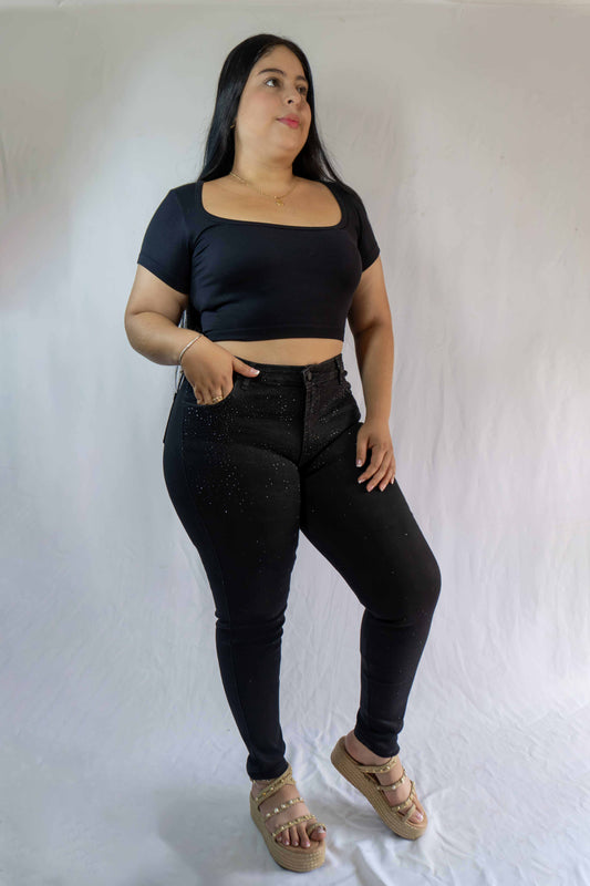 Jeans Negro Skinny Brillos - Tela Strech