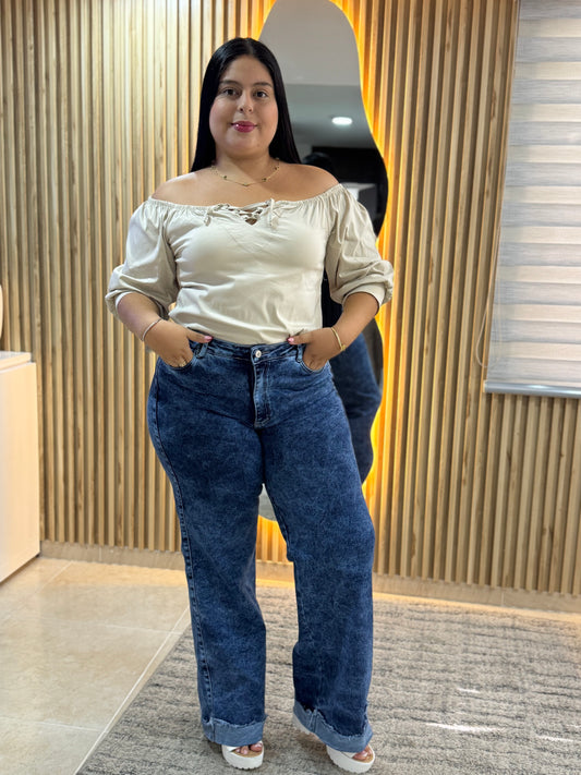 Wide Leg Bota Doblada- Tela Strech Premiún