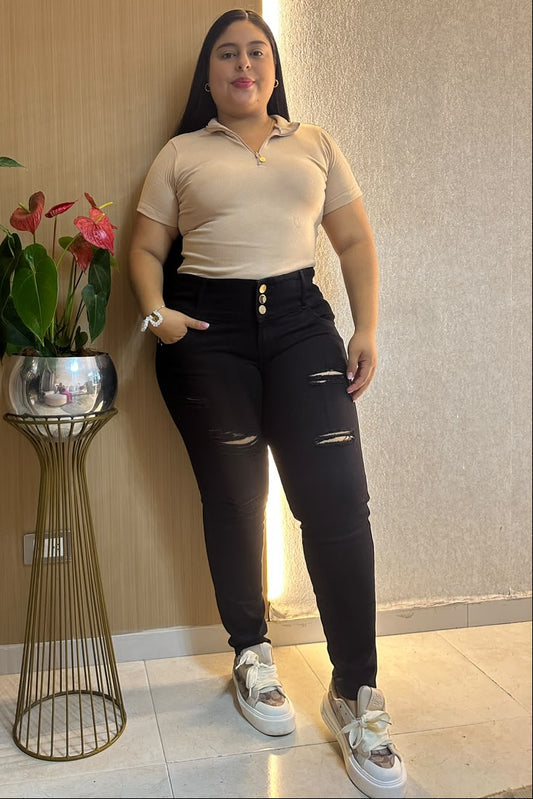 Jeans Negro Rotos Skinny - Tela Strech