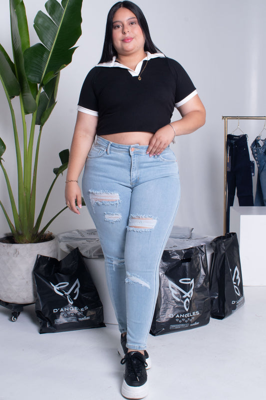 Jeans Skinny Claro Rotos- Tela Strech