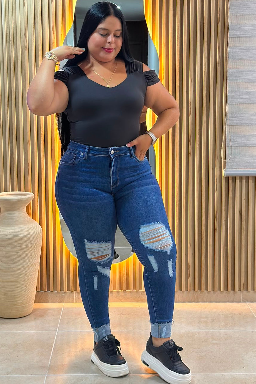 Jeans Skinny Azul Rotos- Tela Strech