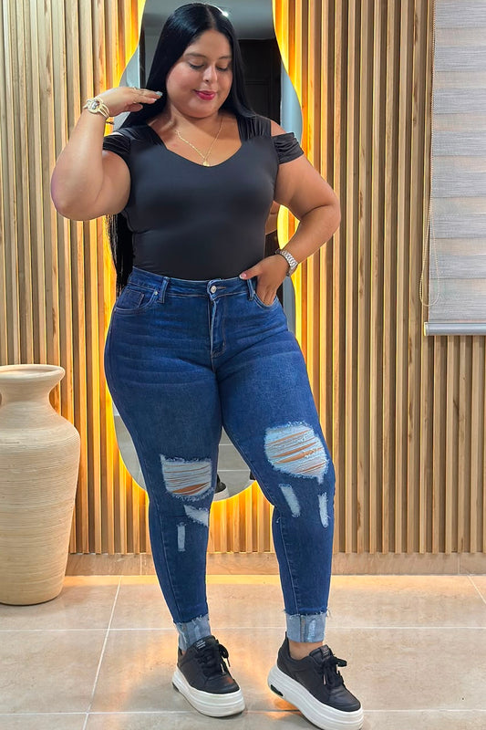 Jeans Skinny Azul Rotos- Tela Strech