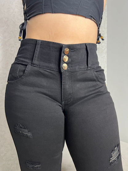 JEANS NEGRO CON ROTOS SKINNY-PIEDRERIA