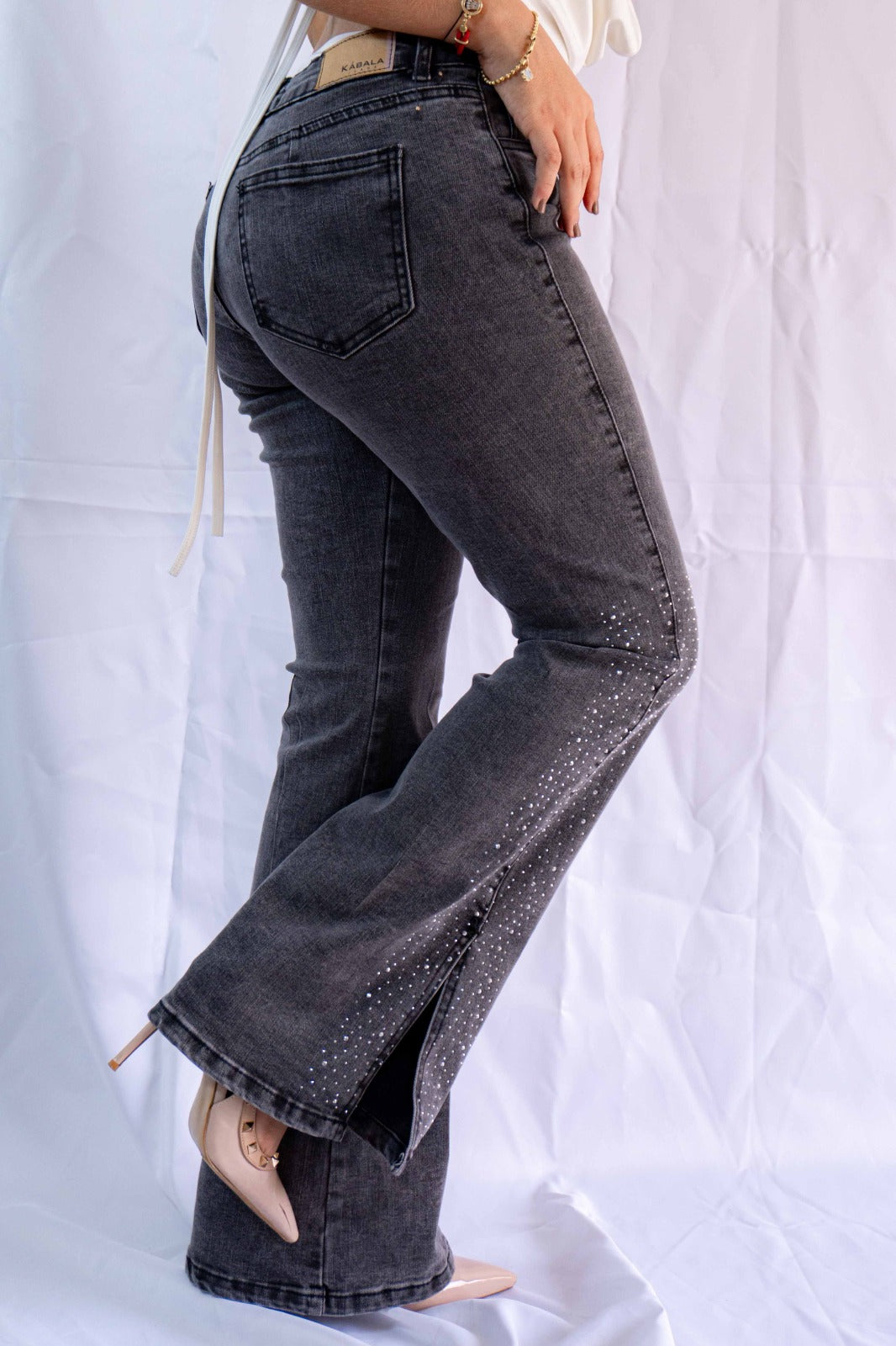 Jeans Bota Ancha Gris Brillos