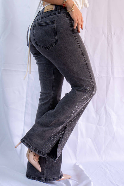 Jeans Bota Ancha Gris Brillos