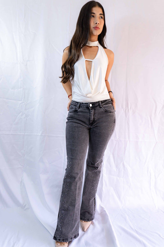 Jeans Bota Ancha Gris Brillos