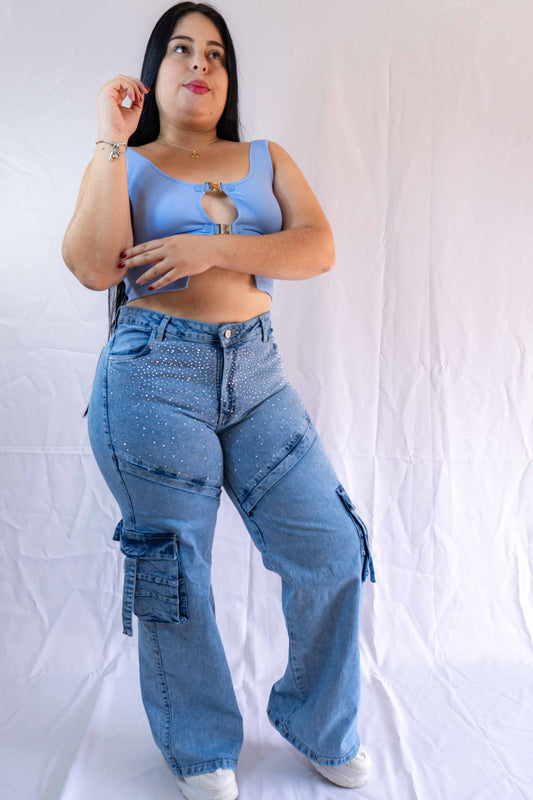 Jeans Cargo Brillos - Tela Strech