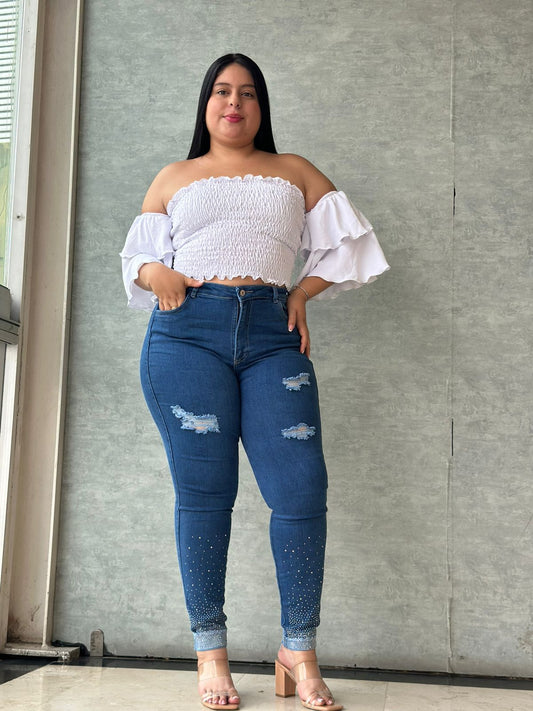 Jeans Skinny Brillos en Bota - Tela Strech Premiún