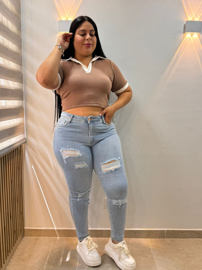 Jeans Skinny Claro Rotos- Tela Strech