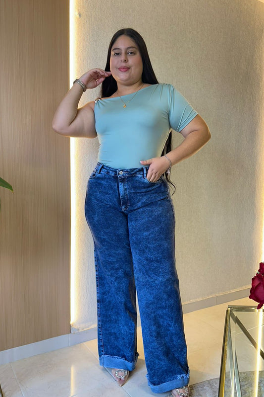 Wide Leg Bota Doblada- Tela Strech Premiún