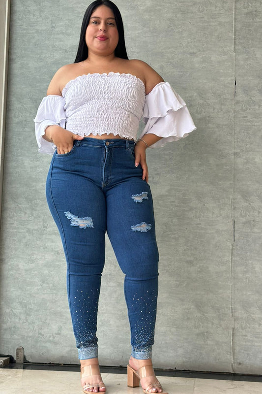 Jeans Skinny Brillos en Bota - Tela Strech Premiún