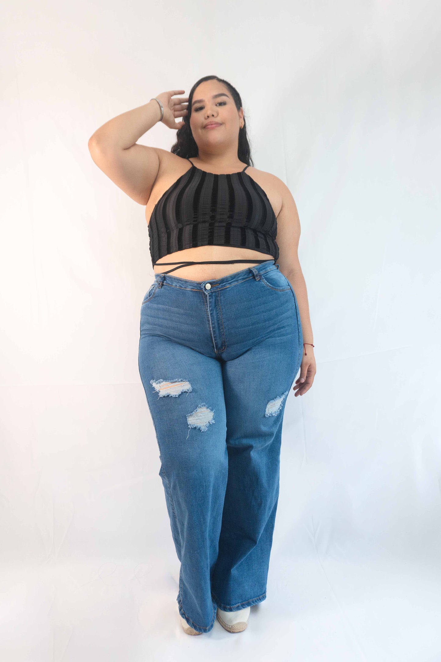 Wide Leg Tela Strech Con Rotos
