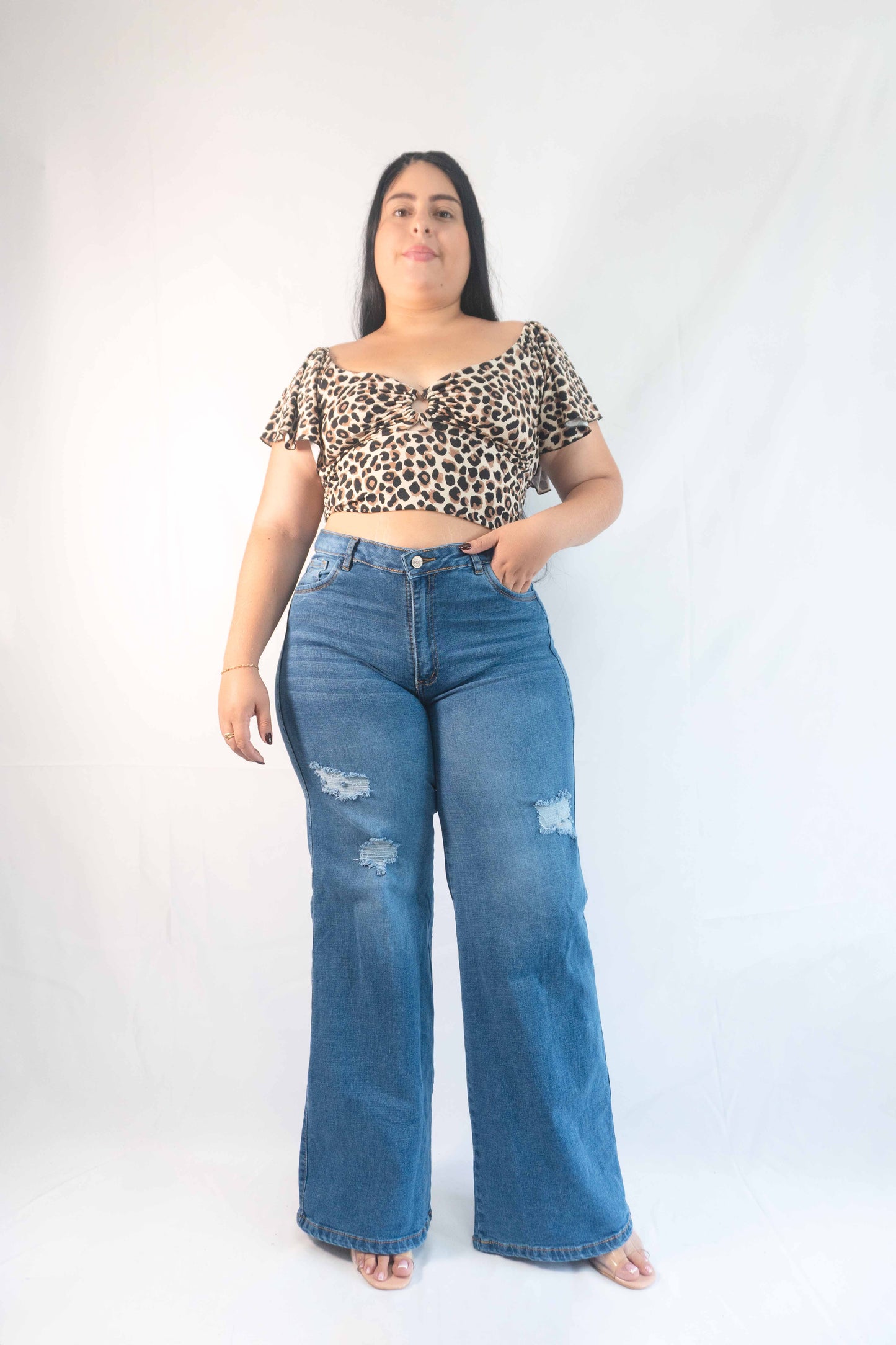 Wide Leg Tela Strech Con Rotos