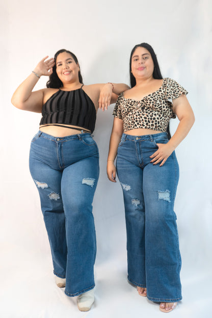 Wide Leg Tela Strech Con Rotos