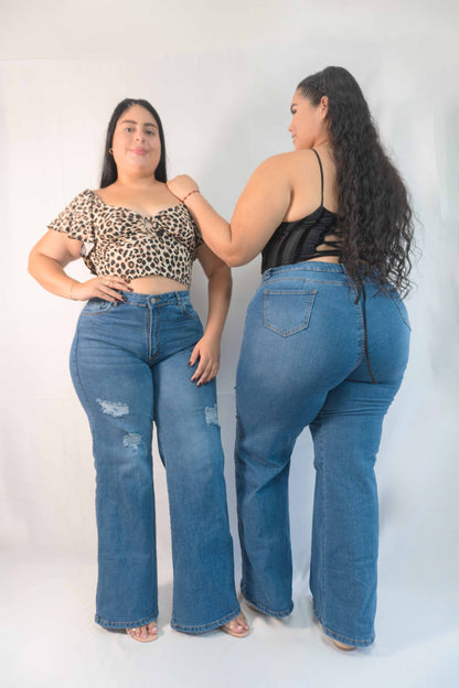 Wide Leg Tela Strech Con Rotos